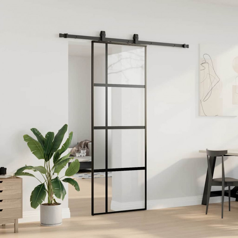 Drzwi przesuwne z zestawem okuć czarne 76x205cm szkło hartowane