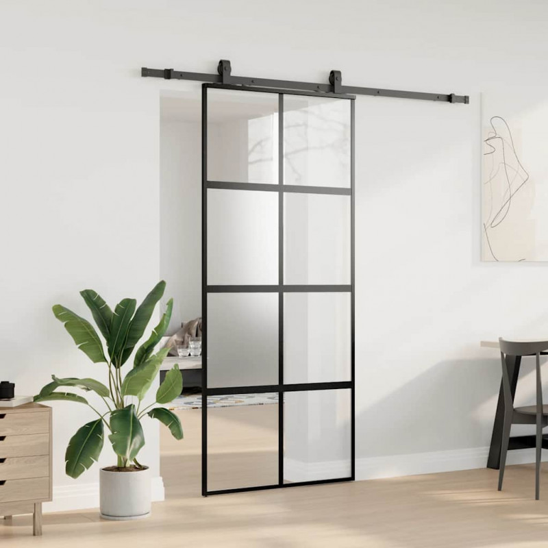 Drzwi przesuwne z zestawem okuć czarne 90x205cm szkło hartowane