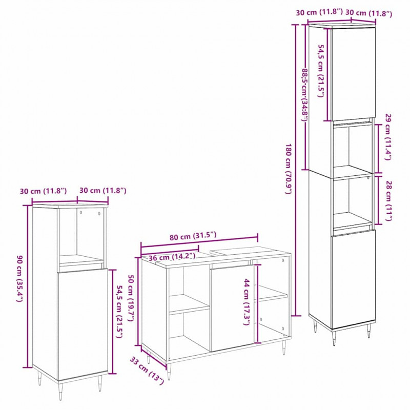Zestaw mebli łazienkowych z półką z drzwiami 3 pcs Stare drewno