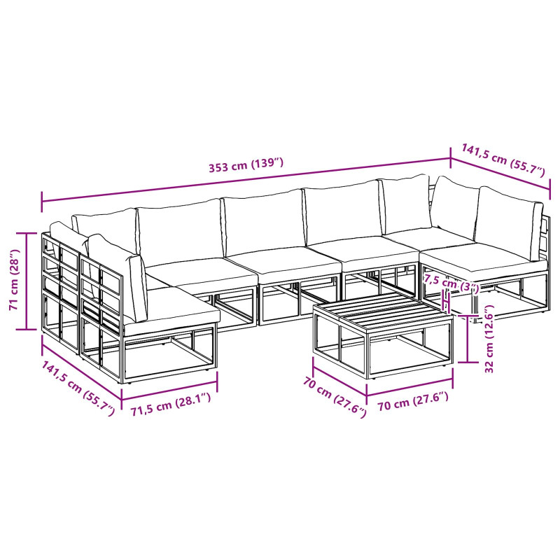 Zestaw Sof na Ogród z poduszką 8 pcs Czarny Aluminium