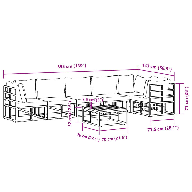 Zestaw Sof na Ogród z poduszką 7 pcs Czarny Aluminium