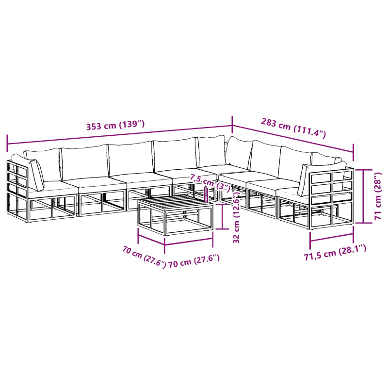 Zestaw Sof na Ogród z poduszką 9 pcs Czarny Aluminium
