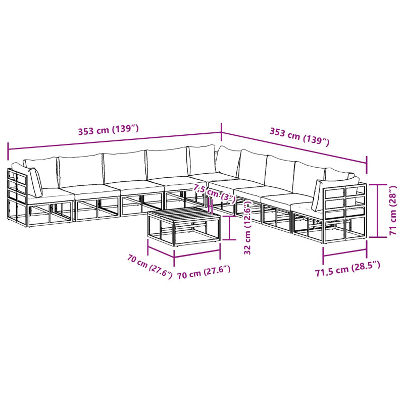 Zestaw Sof na Ogród z poduszką 10 pcs Czarny Aluminium