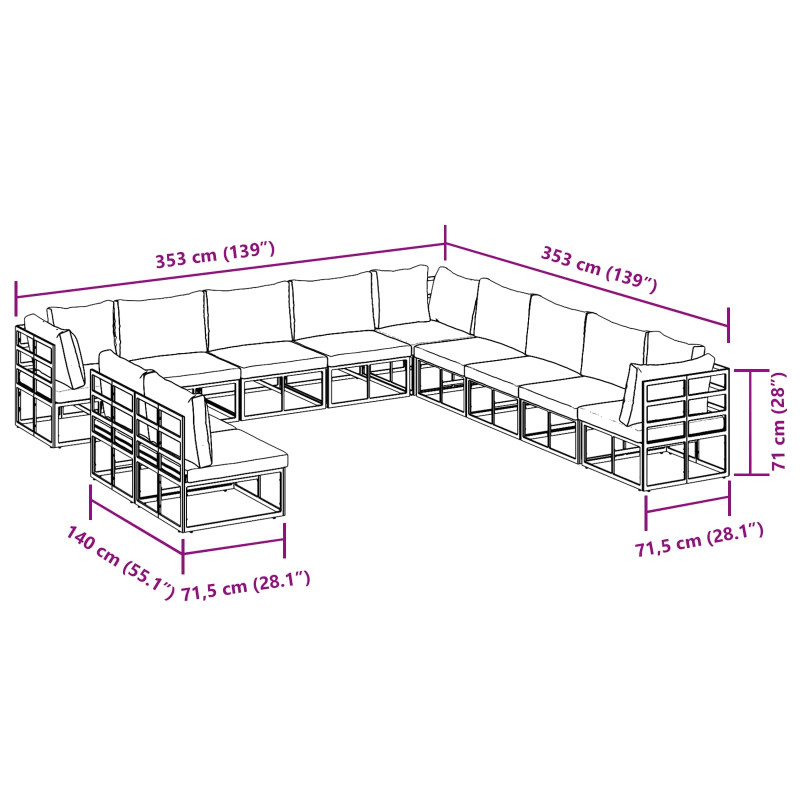 Zestaw Sof na Ogród z poduszką 11 pcs Czarny Aluminium