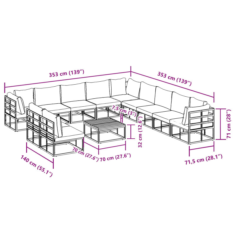 Zestaw Sof na Ogród z poduszką 12 pcs Czarny Aluminium