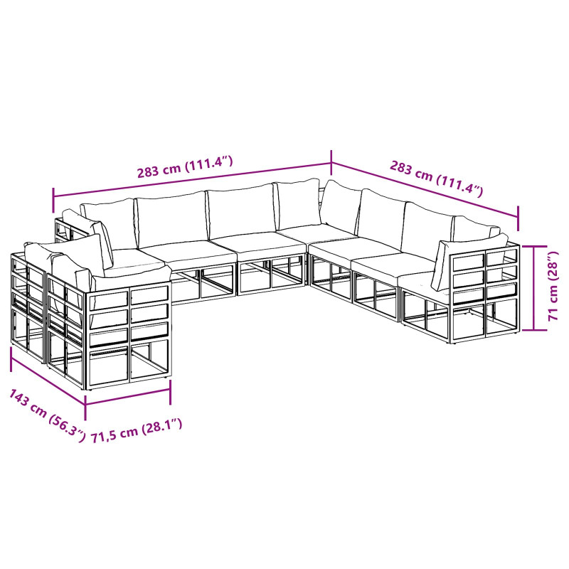 Zestaw Sof na Ogród z poduszką 9 pcs Czarny Aluminium