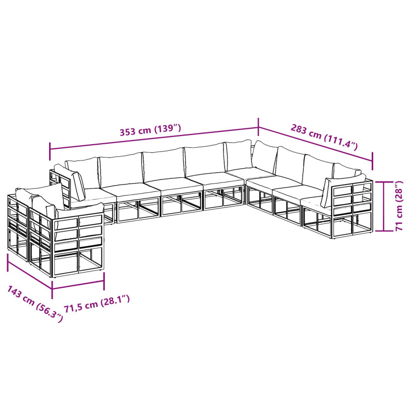 Zestaw Sof na Ogród z poduszką 10 pcs Czarny Aluminium