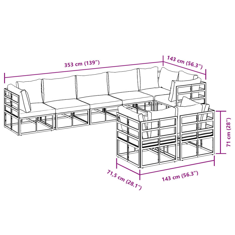 Zestaw Sof na Ogród z poduszką 8 pcs Czarny Aluminium