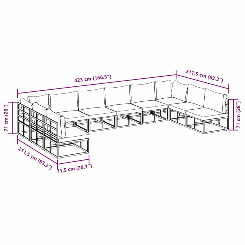 Zestaw Sof na Ogród z poduszką 10 pcs Czarny Aluminium