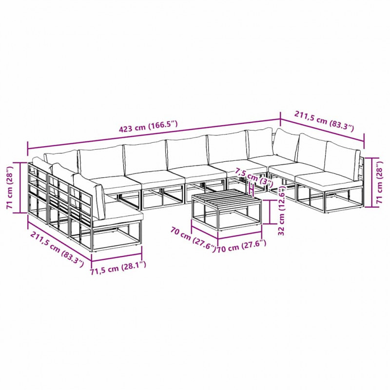 Zestaw Sof na Ogród z poduszką 11 pcs Czarny Aluminium