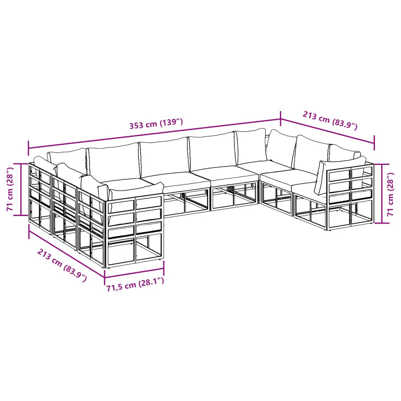 Zestaw Sof na Ogród z poduszką 9 pcs Czarny Aluminium