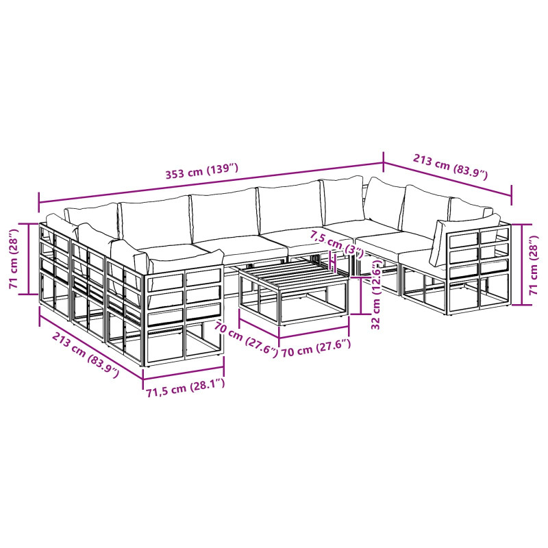 Zestaw Sof na Ogród z poduszką 10 pcs Czarny Aluminium