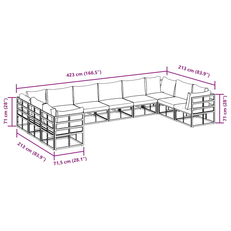 Zestaw Sof na Ogród z poduszką 10 pcs Czarny Aluminium