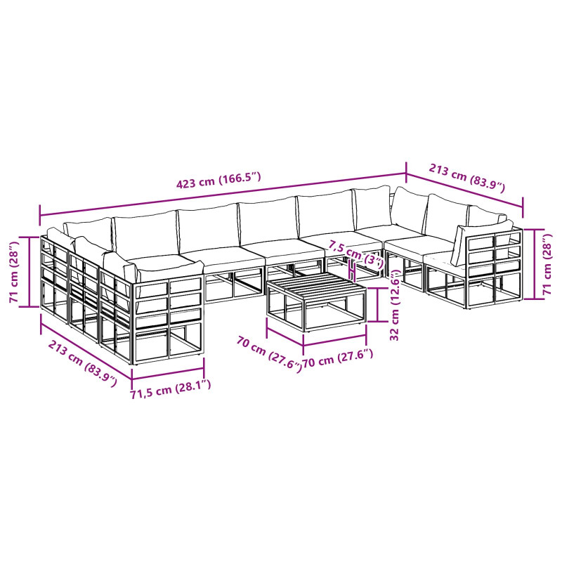 Zestaw Sof na Ogród z poduszką 11 pcs Czarny Aluminium
