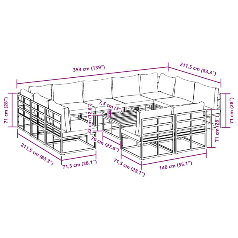 Zestaw Sof na Ogród z poduszką 12 pcs Czarny Aluminium