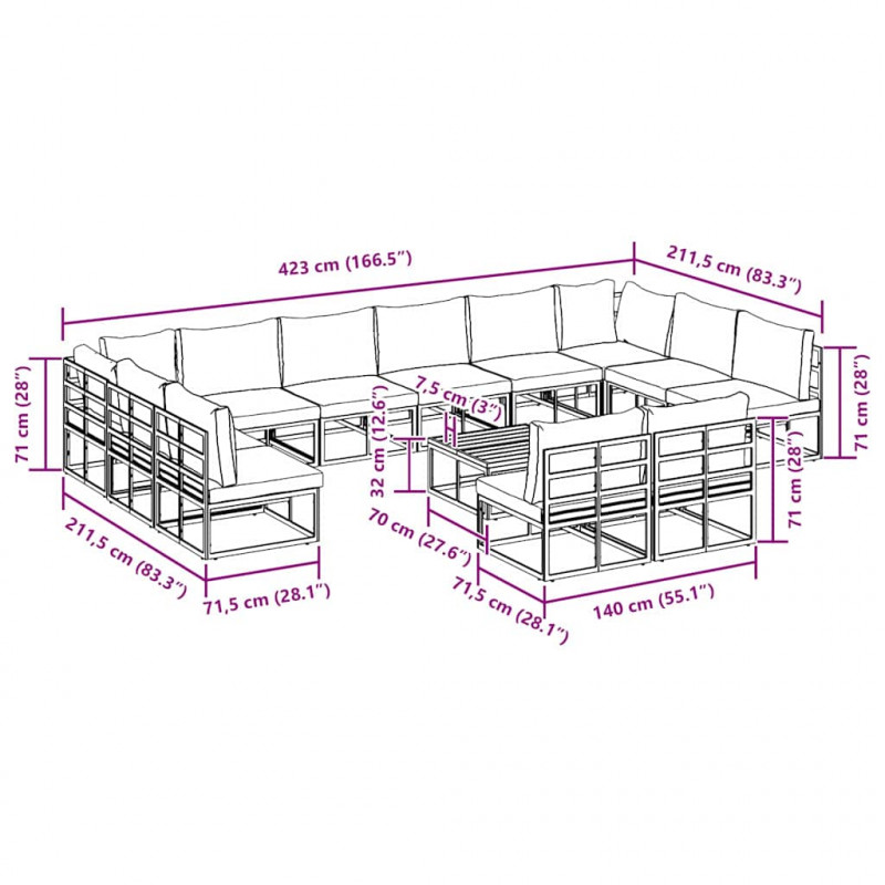 Zestaw Sof na Ogród z poduszką 13 pcs Czarny Aluminium
