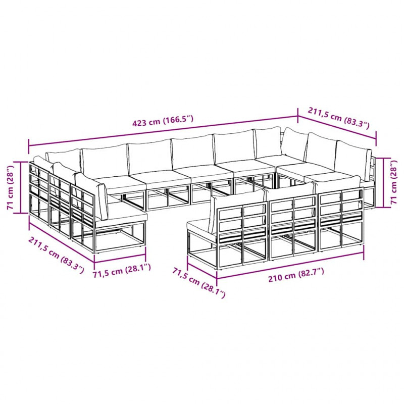 Zestaw Sof na Ogród z poduszką 13 pcs Czarny Aluminium