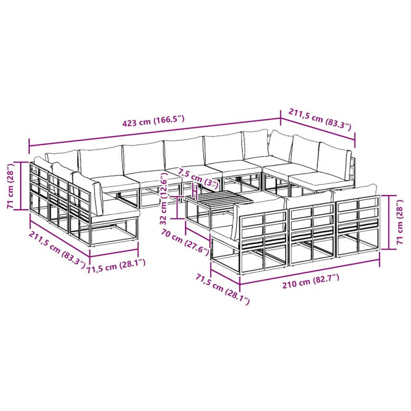 Zestaw Sof na Ogród z poduszką 14 pcs Czarny Aluminium