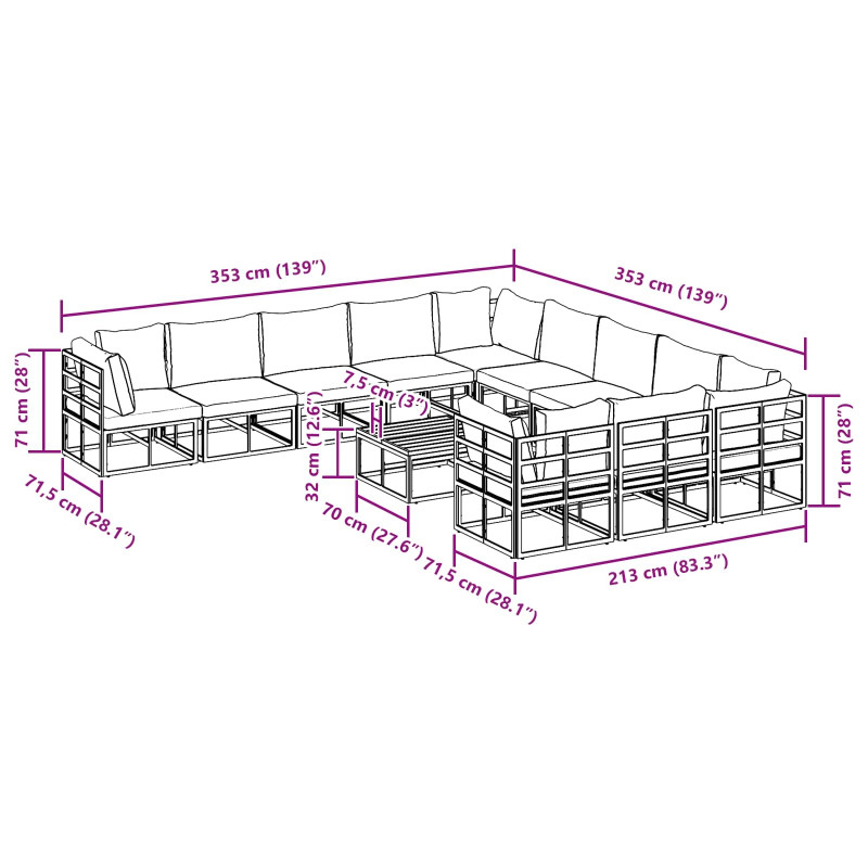 Zestaw Sof na Ogród z poduszką 12 pcs Czarny Aluminium