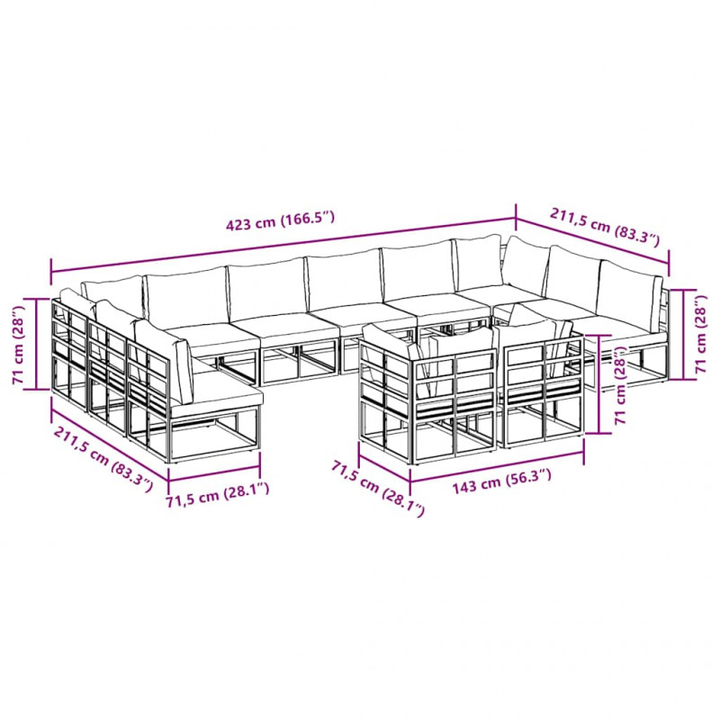 Zestaw Sof na Ogród z poduszką 12 pcs Czarny Aluminium
