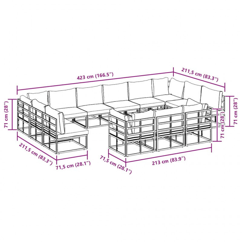 Zestaw Sof na Ogród z poduszką 13 pcs Czarny Aluminium