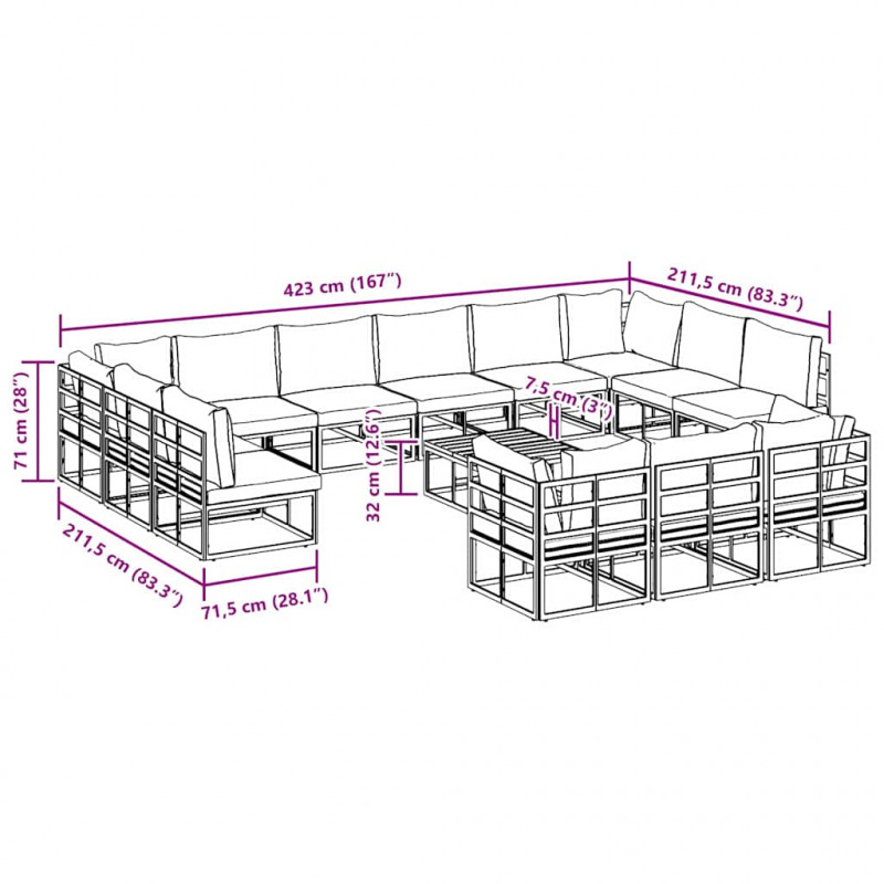 Zestaw Sof na Ogród z poduszką 14 pcs Czarny Aluminium