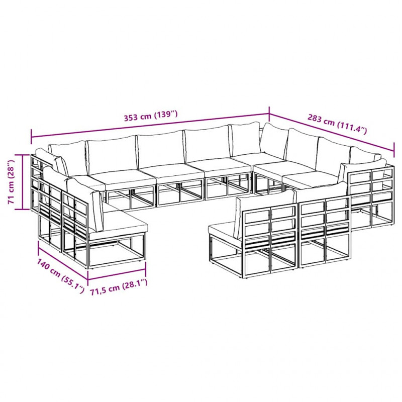 Zestaw Sof na Ogród z poduszką 12 pcs Czarny Aluminium