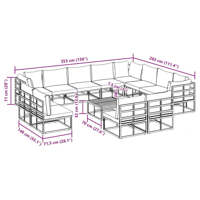 Zestaw Sof na Ogród z poduszką 13 pcs Czarny Aluminium