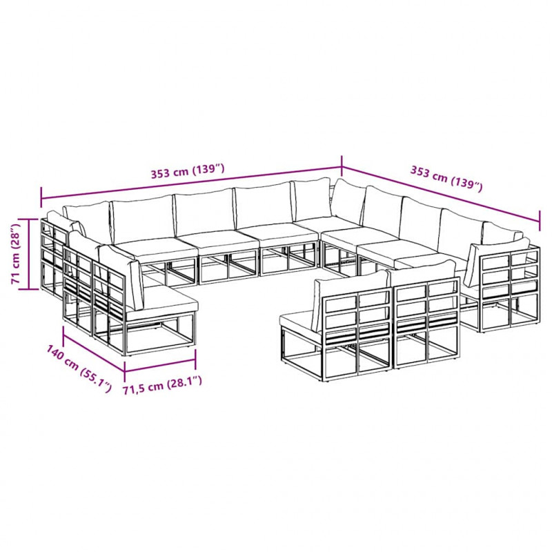 Zestaw Sof na Ogród z poduszką 13 pcs Czarny Aluminium