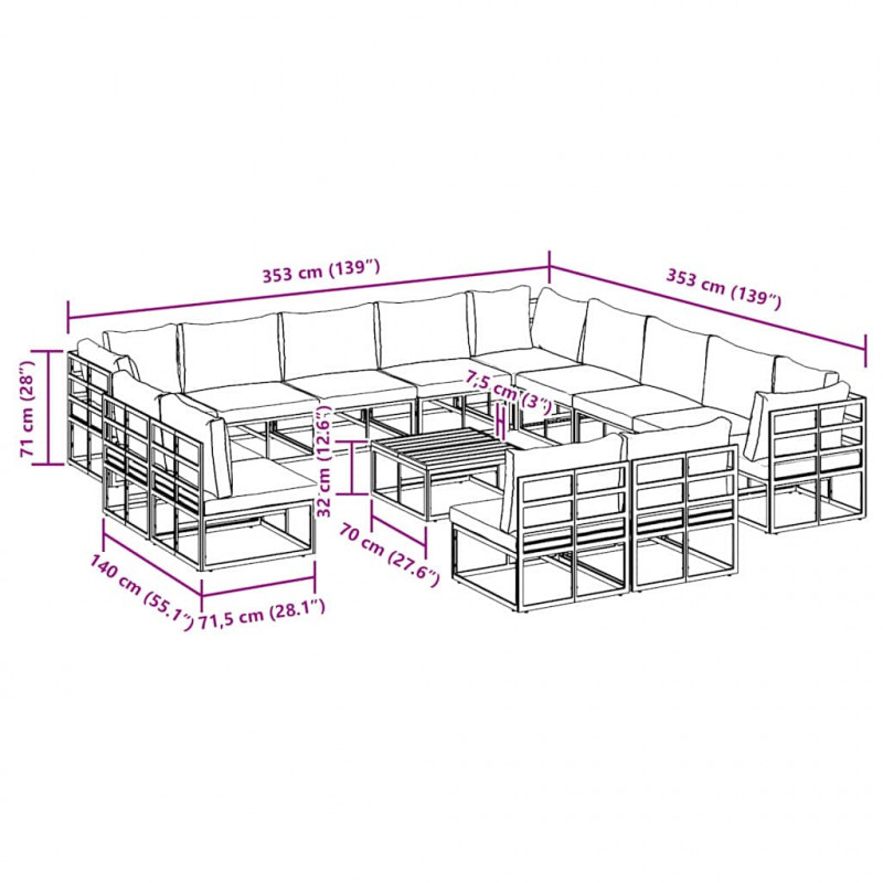 Zestaw Sof na Ogród z poduszką 14 pcs Czarny Aluminium