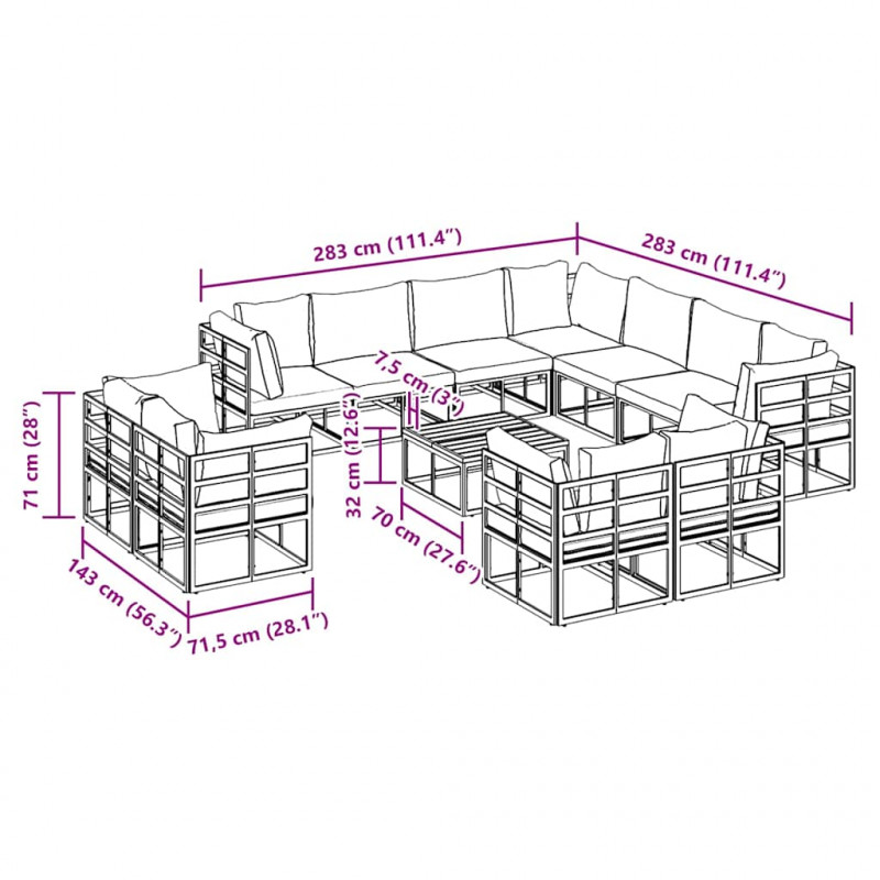 Zestaw Sof na Ogród z poduszką 12 pcs Czarny Aluminium