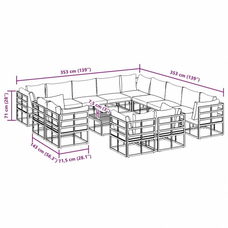 Zestaw Sof na Ogród z poduszką 14 pcs Czarny Aluminium