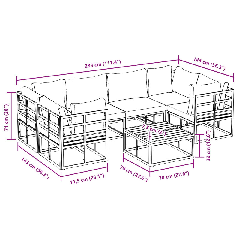 Zestaw Sof na Ogród z poduszką 7 pcs Czarny Aluminium