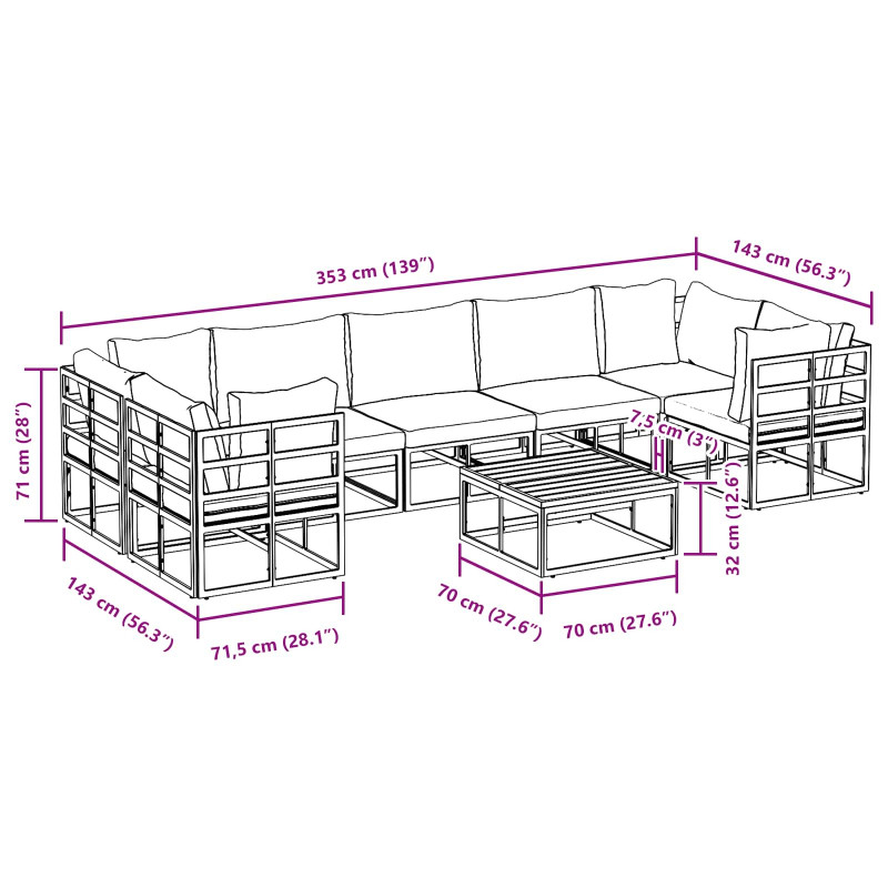 Zestaw Sof na Ogród z poduszką 8 pcs Czarny Aluminium