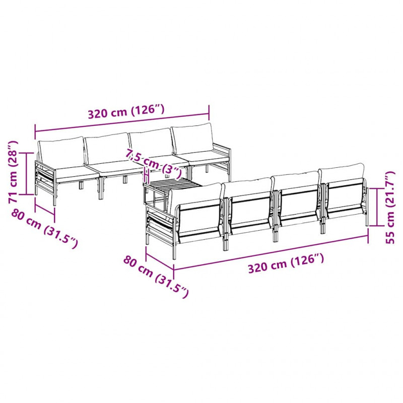 Zestaw Sof na Ogród z poduszką 9 pcs Czarny Stal