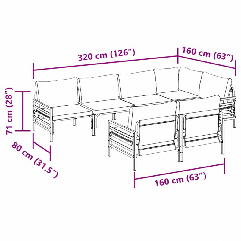 Zestaw Sof na Ogród z poduszką 7 pcs Czarny Stal