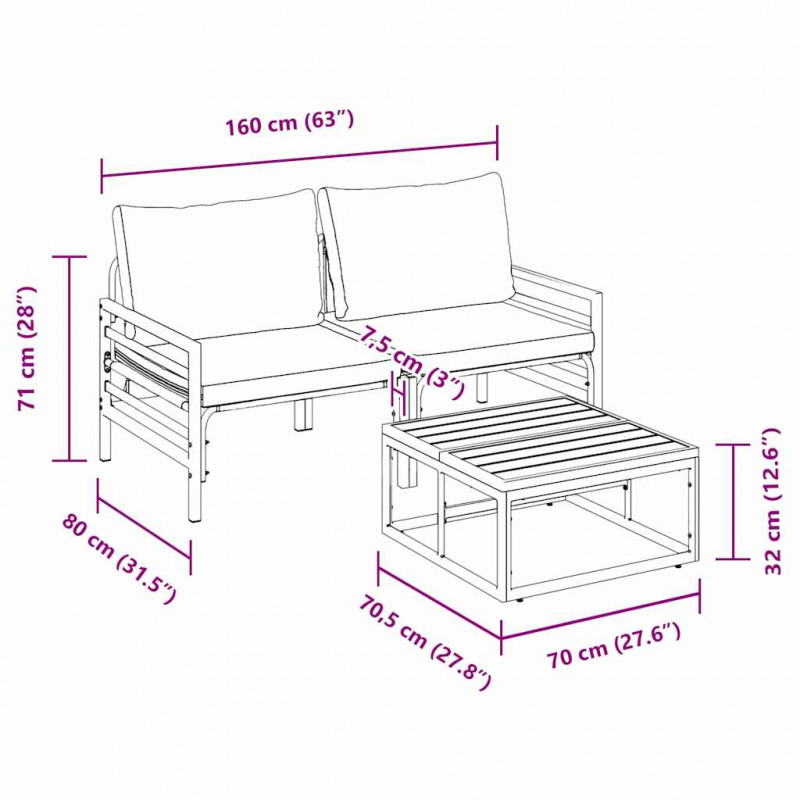 Zestaw Sof na Ogród z poduszką 3 pcs Czarny Stal