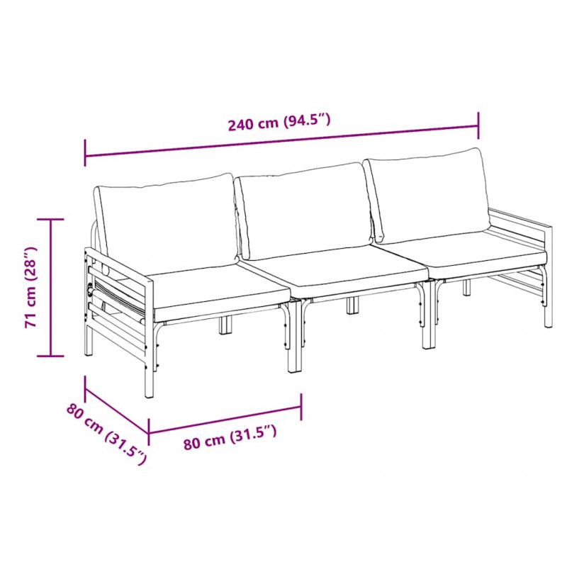 Zestaw Sof na Ogród z poduszką 3 pcs Czarny Stal