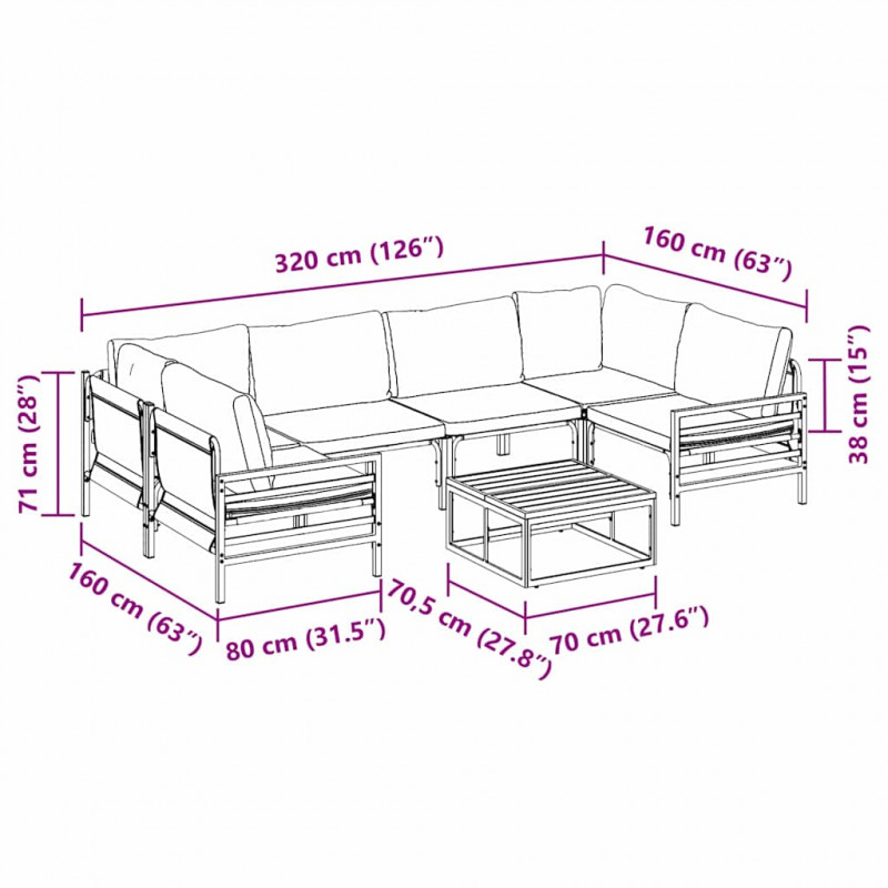 Zestaw Sof na Ogród z poduszką 7 pcs Czarny Stal