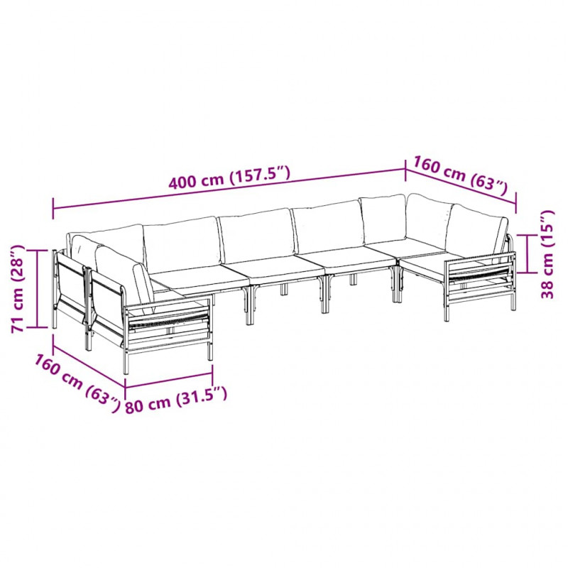 Zestaw Sof na Ogród z poduszką 7 pcs Czarny Stal