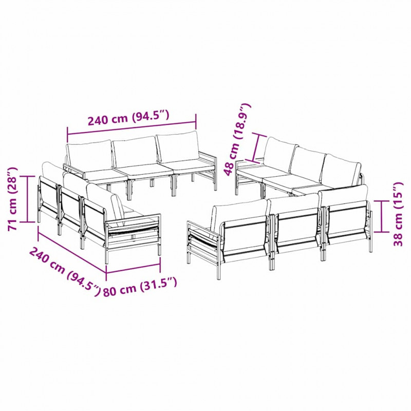 Zestaw Sof na Ogród z poduszką 12 pcs Czarny Stal