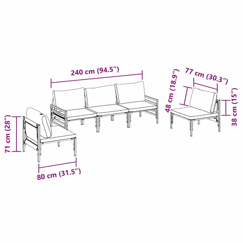 Zestaw Sof na Ogród z poduszką 5 pcs Czarny Stal