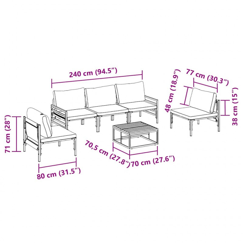 Zestaw Sof na Ogród z poduszką 6 pcs Czarny Stal