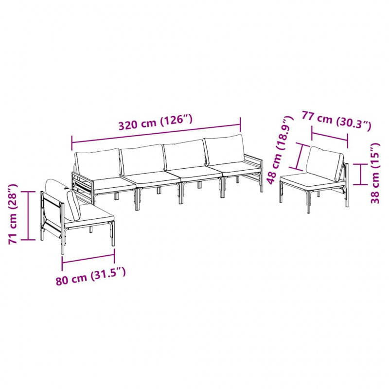 Zestaw Sof na Ogród z poduszką 6 pcs Czarny Stal