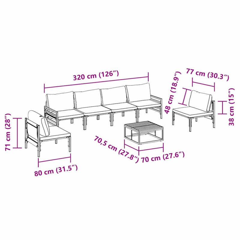 Zestaw Sof na Ogród z poduszką 7 pcs Czarny Stal