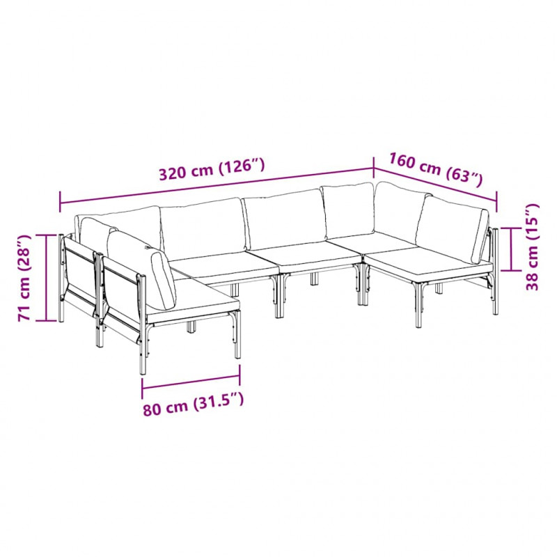 Zestaw Sof na Ogród z poduszką 6 pcs Czarny Stal