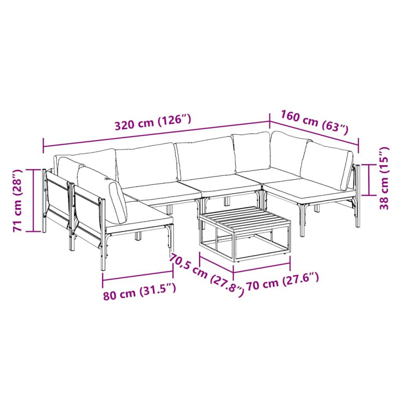 Zestaw Sof na Ogród z poduszką 7 pcs Czarny Stal
