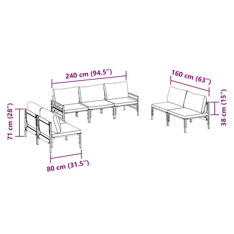 Zestaw Sof na Ogród z poduszką 7 pcs Czarny Stal