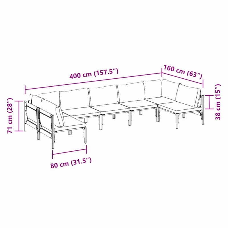 Zestaw Sof na Ogród z poduszką 7 pcs Czarny Stal