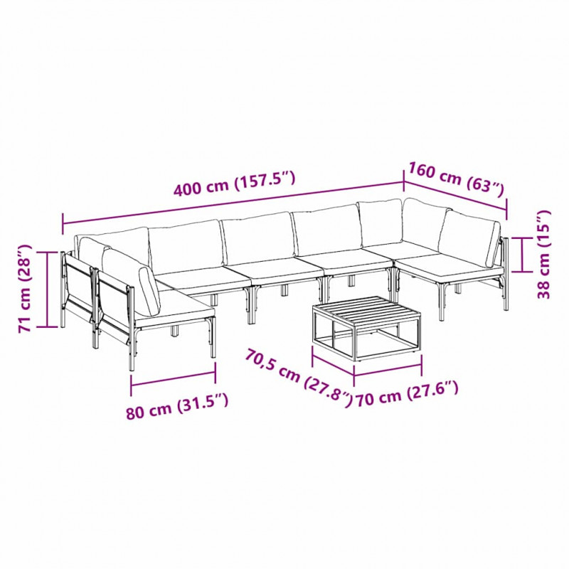 Zestaw Sof na Ogród z poduszką 8 pcs Czarny Stal